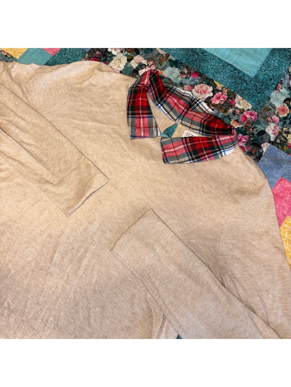 J.Crew Woman’s Small Beige Sweater with Red Plaid Collar and Hem Detail, Outdoor